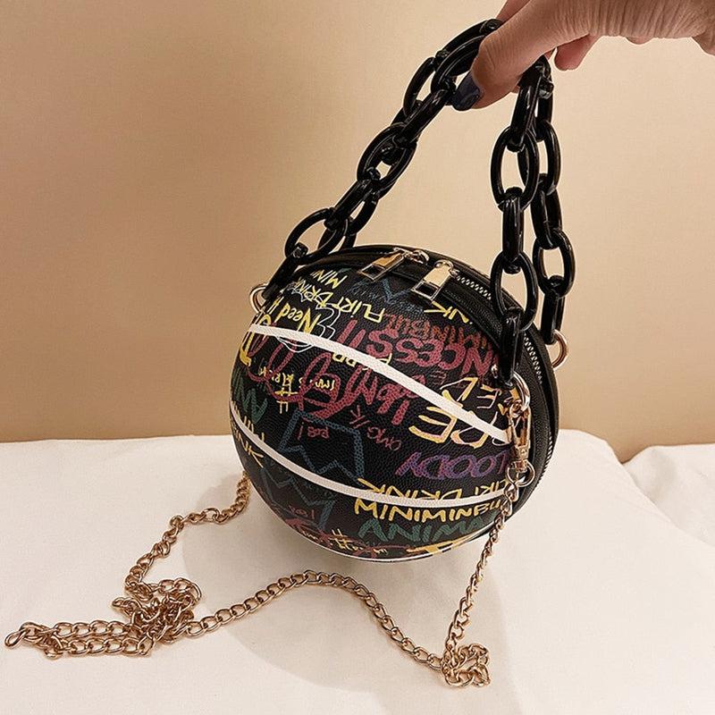 Basketball Fashion Bag for Girls | Graffiti Style & Multicolor Selections | Leather Round Crossbody Pack | Metal Chain Strap | Fashion Statement Shoulder Bags